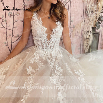 runhufu A-Line Backless Wedding Dress 2023 Vintage Lace Applique Beaded Off White Tulle Wedding Gowns Trouwjurk Long Bridal Dress